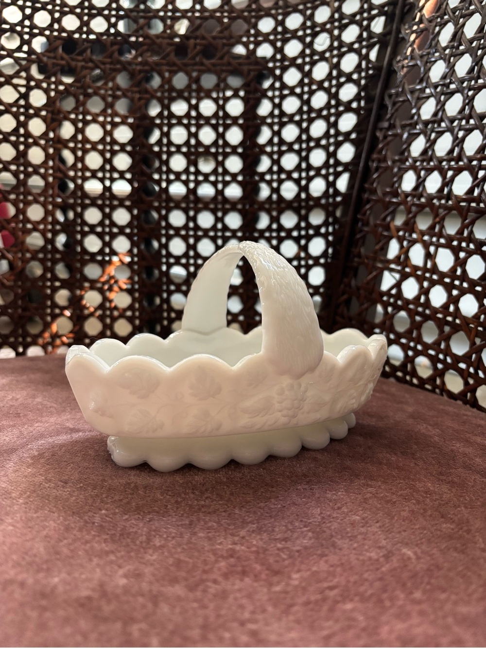 Westmoreland White Milk Glass Scalloped Basket in Paneled Grape Pattern